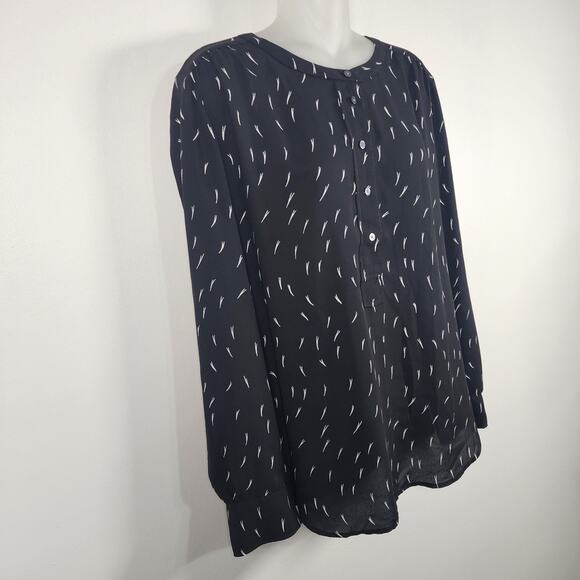 Ann Taylor LOFT Womens Henley Blouse Popover Black White Dash Printed Medium - Picture 4 of 9